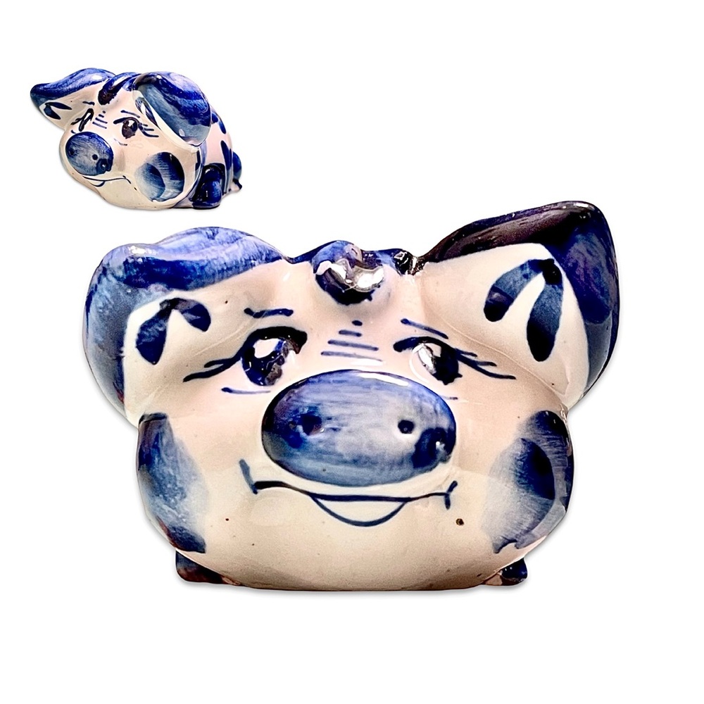 Antique Gzhel Blue White Ceramic mini Pig collectible Figurine